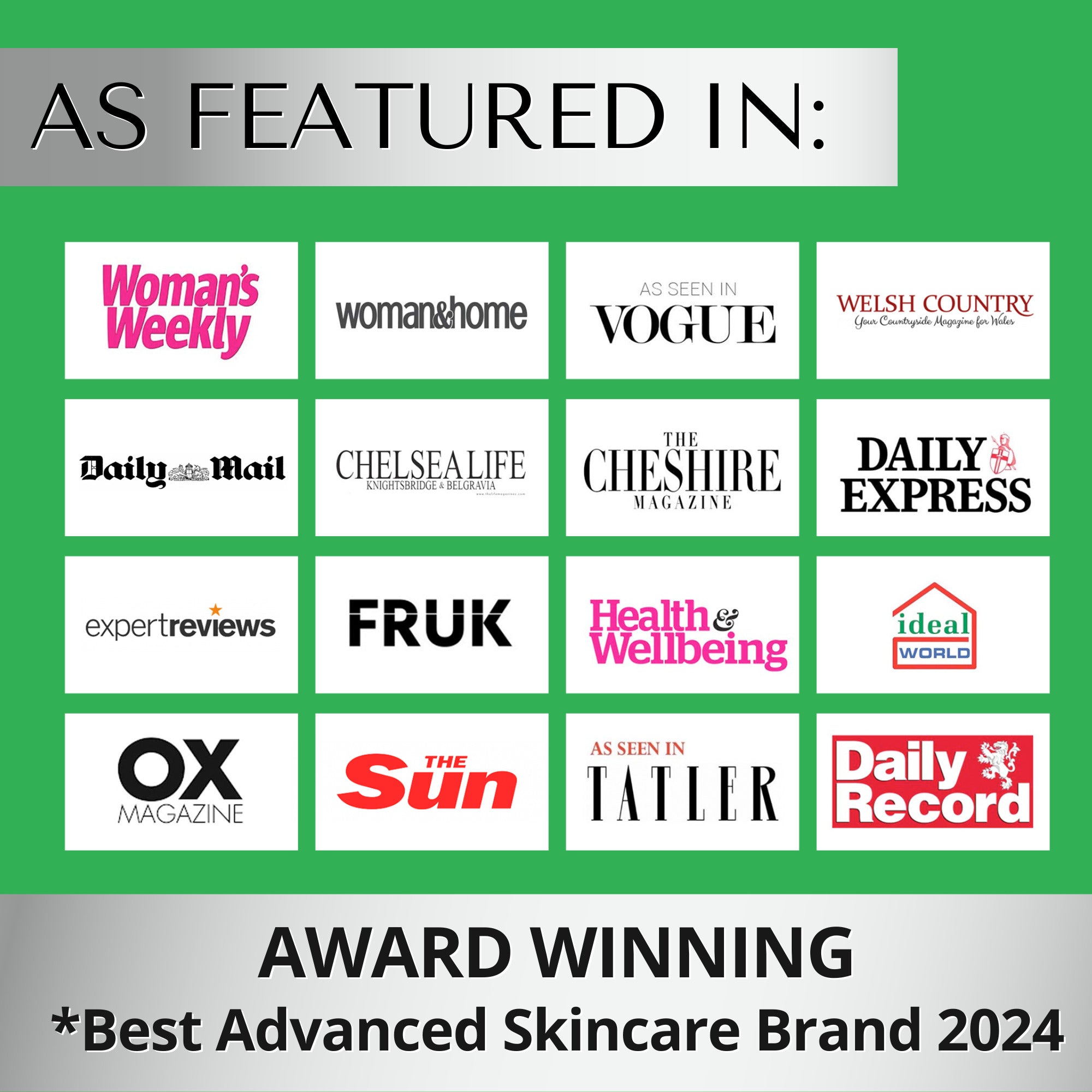 Award winning Dermaworks, 'Best Advanced Skincare Brand 2024' as featured in Tatler, Vogue, Woman's Weekly and Daily mail.