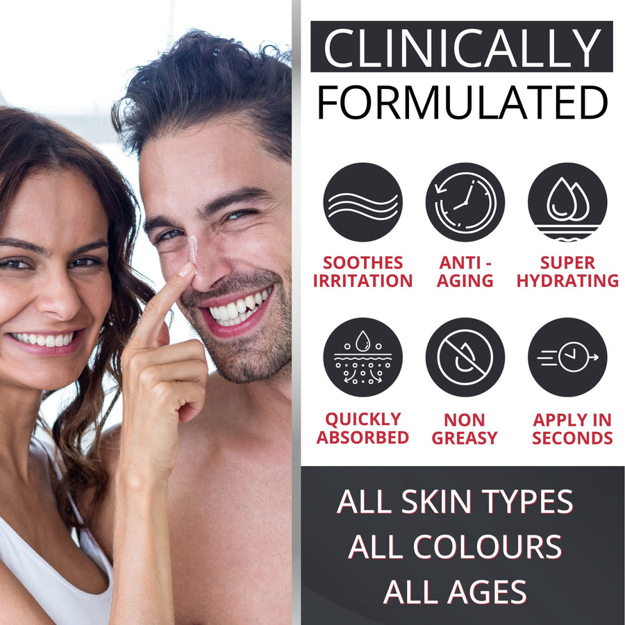 Dermaworks advanced daily moisturiser for men soothes after shave irritation and redness, is super-hydrating, non-greasy and quickly absorbed.