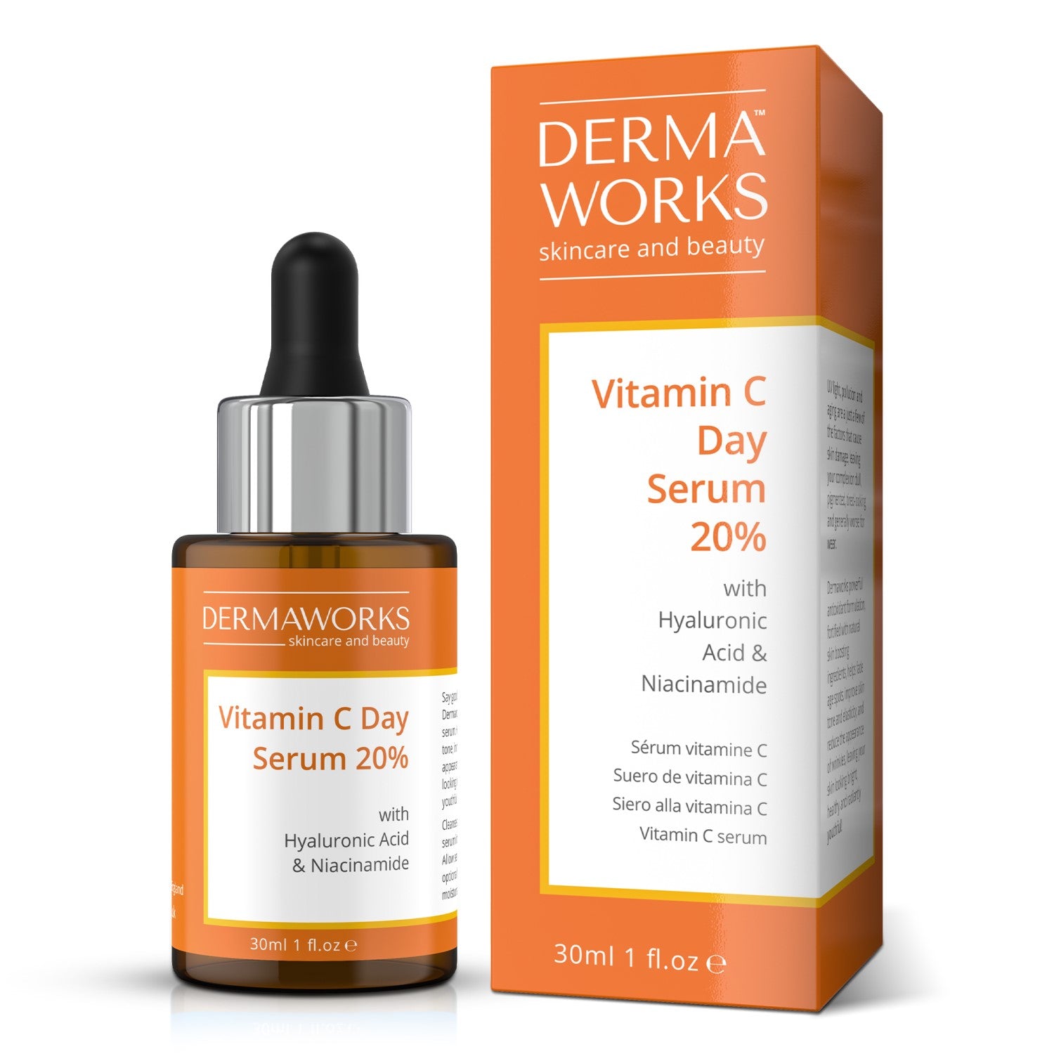 Dermaworks brightening vitamin c face serum with hyaluronic acid and niacinamide. Anti aging skin care. Dark spot correcting glow serum.