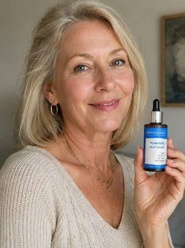 UGC woman using Dermaworks Hyaluronic Acid serum for plumper, hydrated skin - Mature white