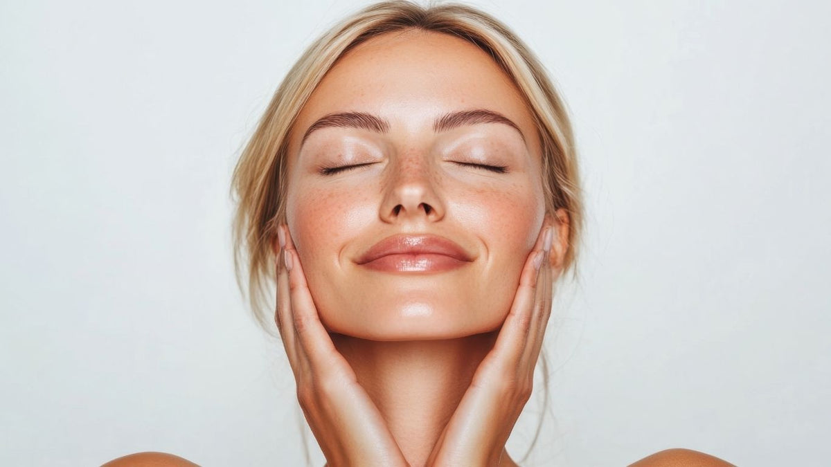 Woman with fresh, glowing skin cupping her face – layering vitamin C serum under make-up
