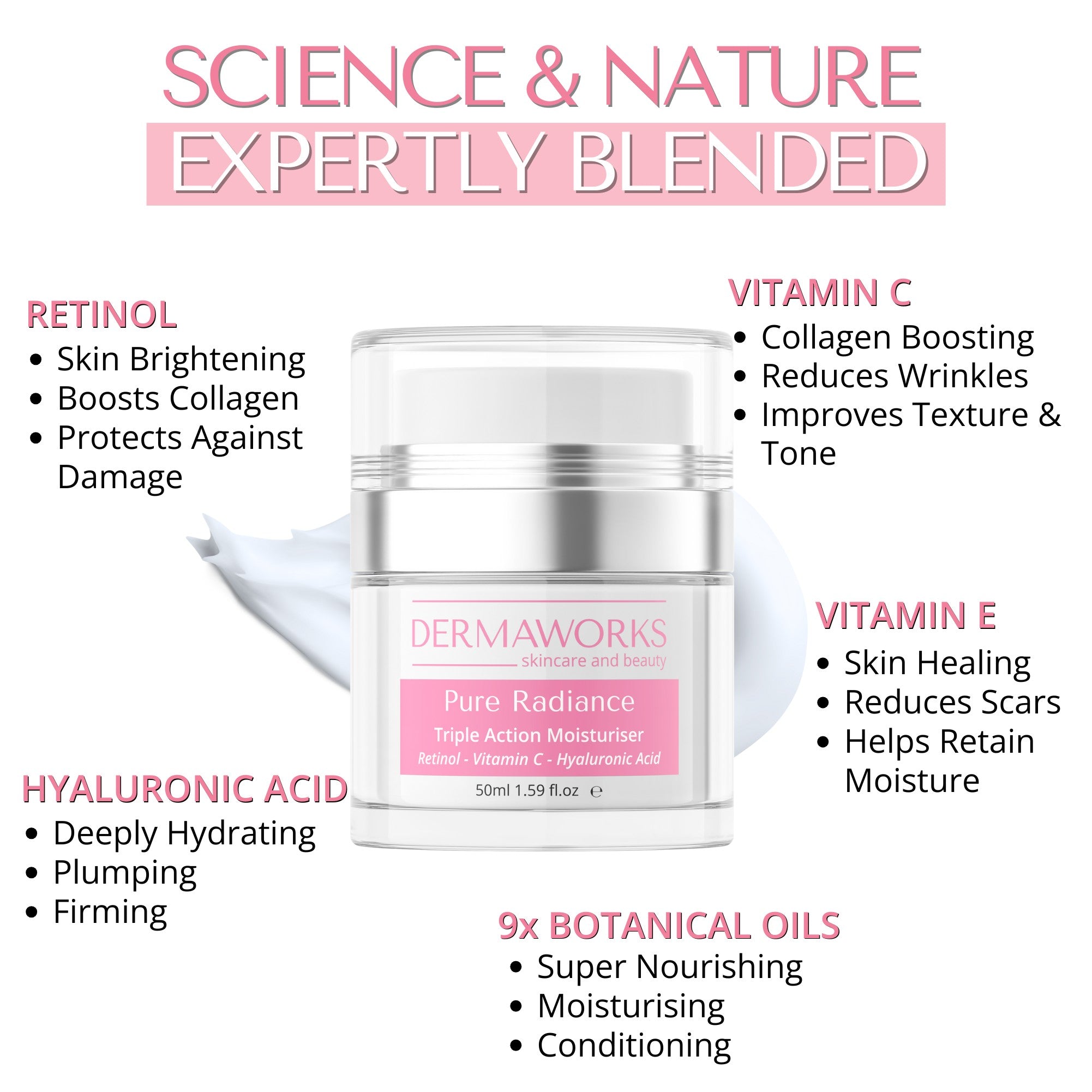 Our moisturiser for woman is Expertly blended with retinol, vitamin C, Vitamin E, hyaluronic acid, essential oils and shea butter to boost collagen and support youthful, radiant looking skin.