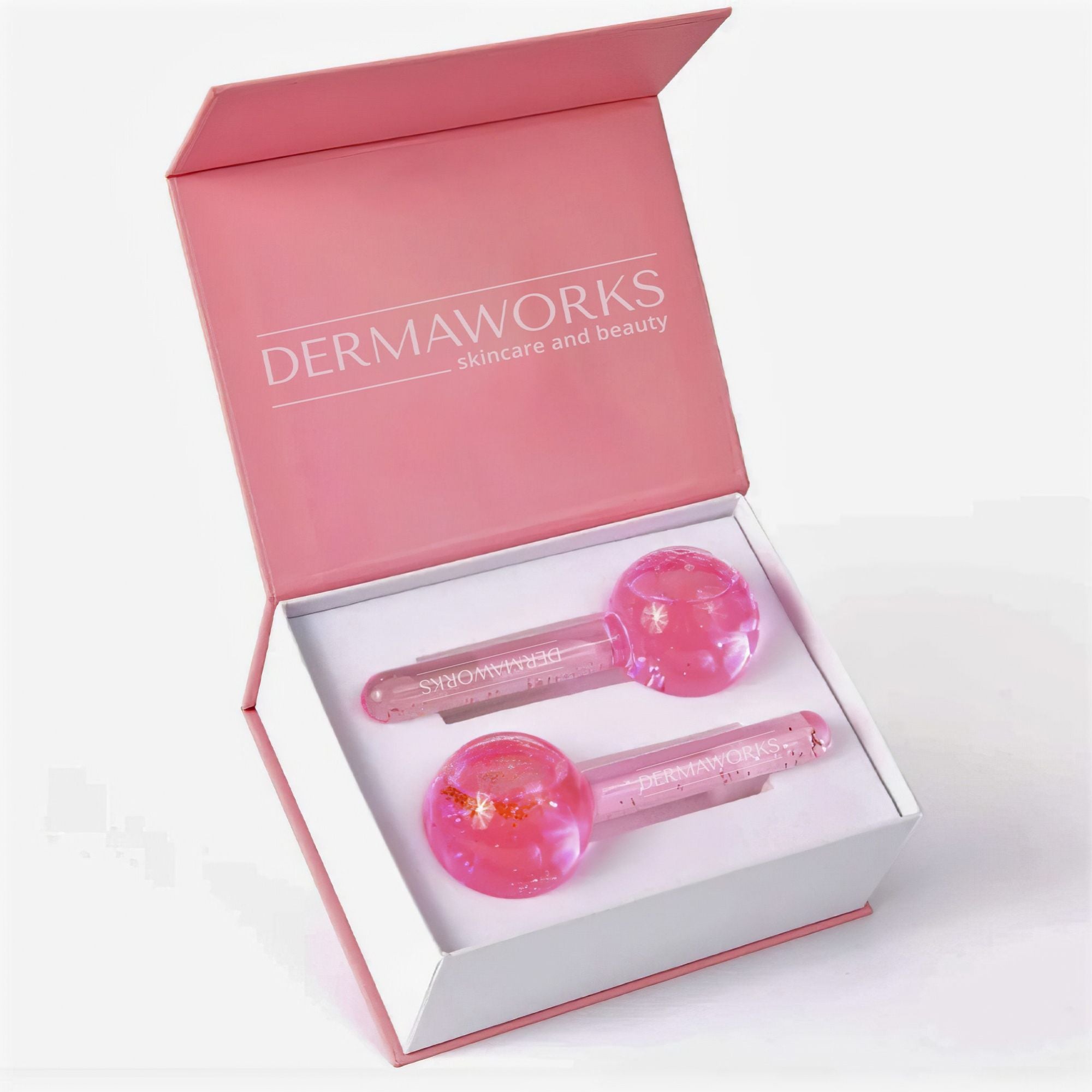 Dermaworks set of pink ice globes for face in presentation box; the ideal birthday gift for her, Mother’s Day gift, Christmas gift or gift for mum. 