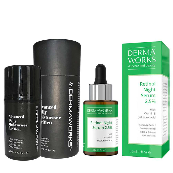 dermaworks mens anti aging complete skin care easy fast quick facial routine glycolic acid face wash mens moisturiser 30ml retinol serum