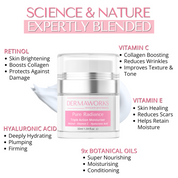 Pure Radiance anti-wrinkle moisturiser with retinol, vitamin C and hyaluronic acid is deeply hydrating, skin firming, plumping, skin healing and brightening.
