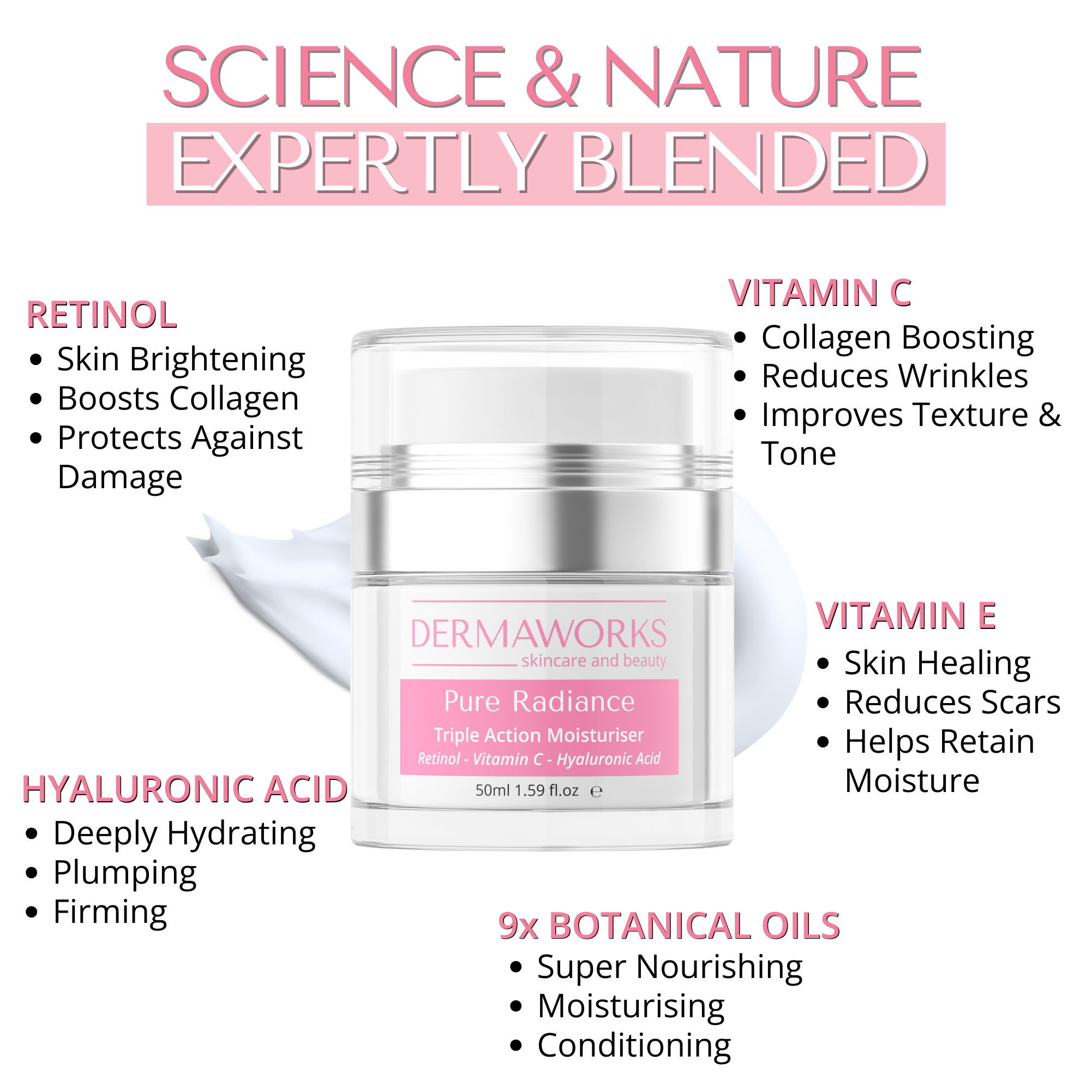 Pure Radiance anti-wrinkle moisturiser with retinol, vitamin C and hyaluronic acid is deeply hydrating, skin firming, plumping, skin healing and brightening.