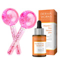 Pink ice globes for face and eyes, plus brightening vitamin C serum with hyaluronic acid and niacinamide for healthy, glowing skin.