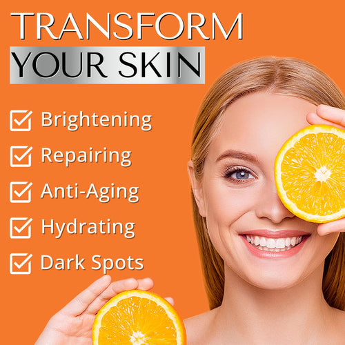 Dermaworks vitamin C serum for brightening, anti-aging, and hydration, with radiant skin benefits. Reduces dark spots for a glowing complexion. 'Transform your skin'.