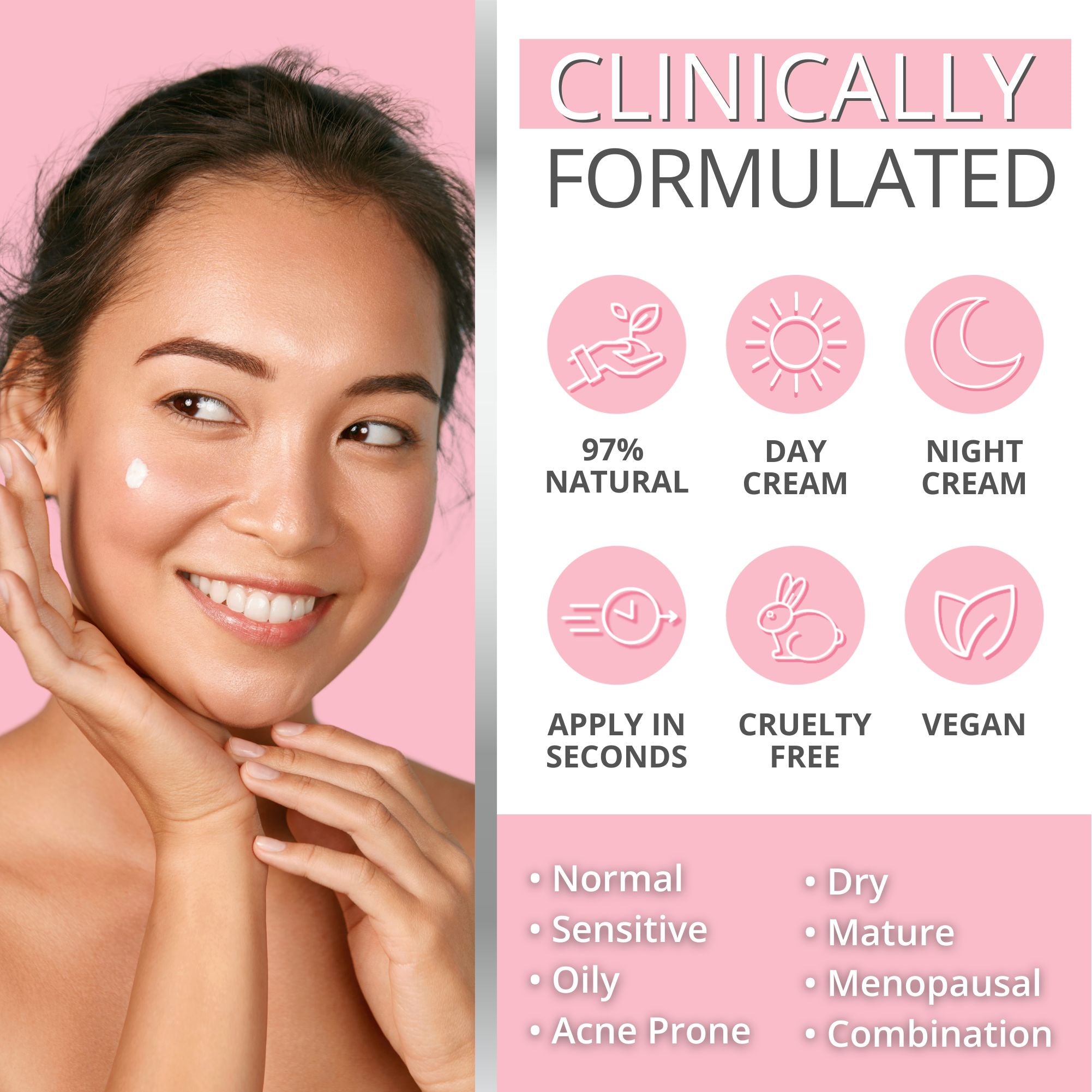 Pure Radiance moisturising face cream for women is cruelty free, vegan and 97% natural, and is suitable for all skin types, including menopausal and acne prone.