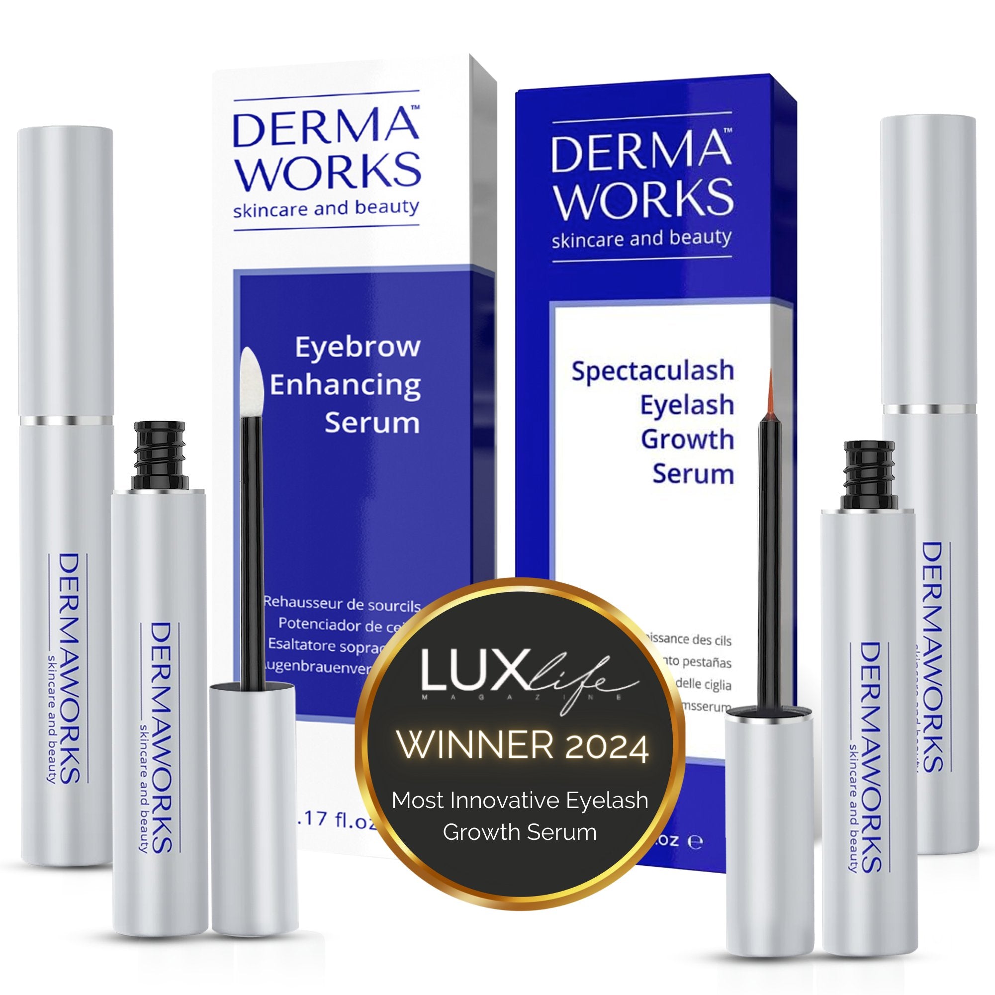 Dermaworks lash and brow serum set for natural, longer and fuller lashes, and fuller, thicker eyebrows.
