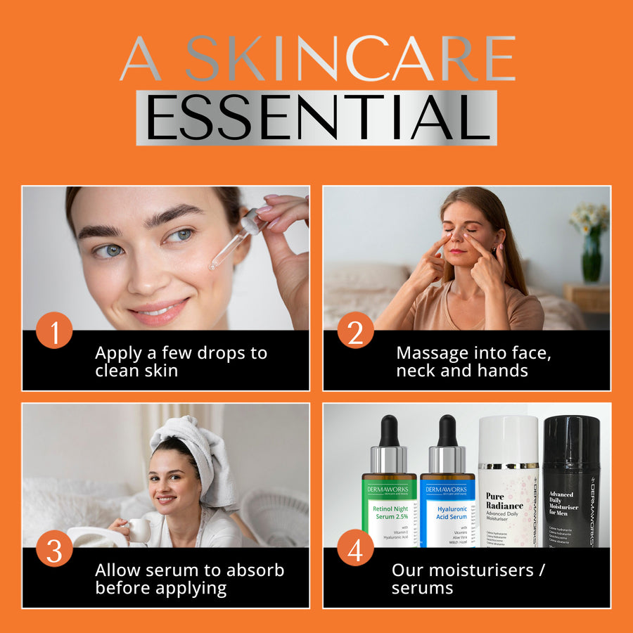 A skincare essential, apply a few drops of brightening serum and massage into face, neck and hands before applying our advanced moisturising face cream.