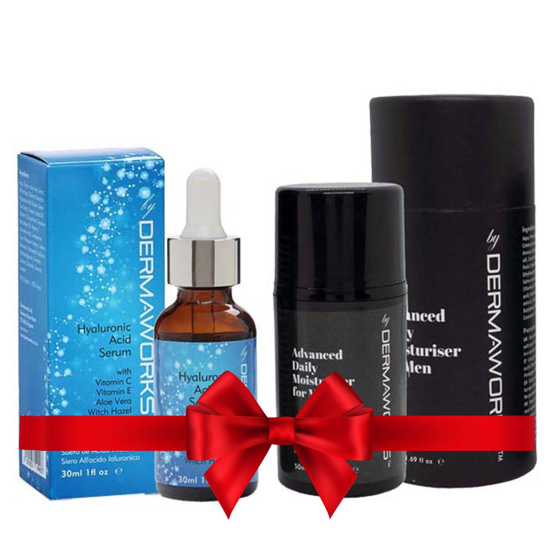 Dermaworks Skincare and Beauty Hyaluronic acid serum for face and neck and mens moisturiser, skin care bundle, with santa hat, great christmas gift old