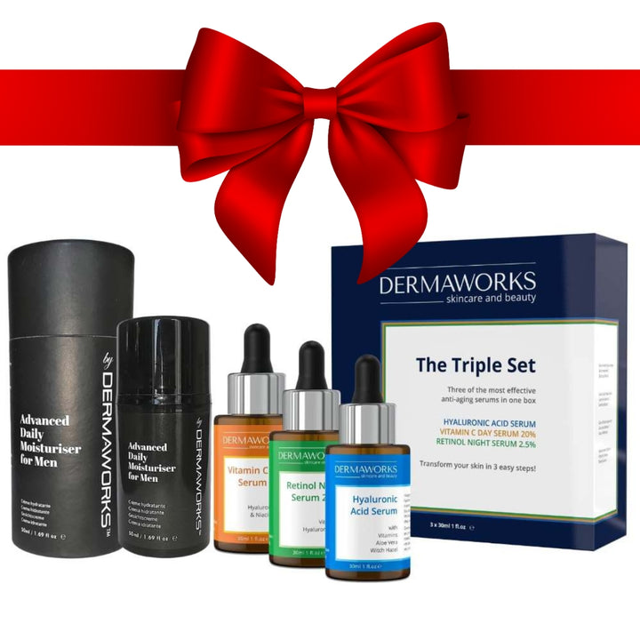 Dermaworks Skincare and Beauty Retinol serum, Vitamin C & Hyaluronic acid  for face and neck with man's moisturiser, face cream with santa hat, great christmas gift - skin care bundle
