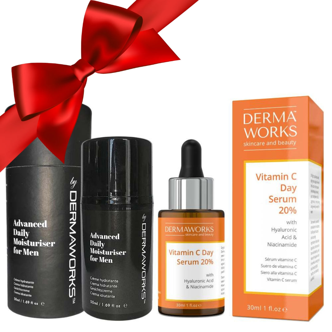 Dermaworks Skincare and Beauty Vitamin C serum with Hyaluronic acid  for face and neck with man's moisturiser, face cream with santa hat, great christmas gift - skin care bundle