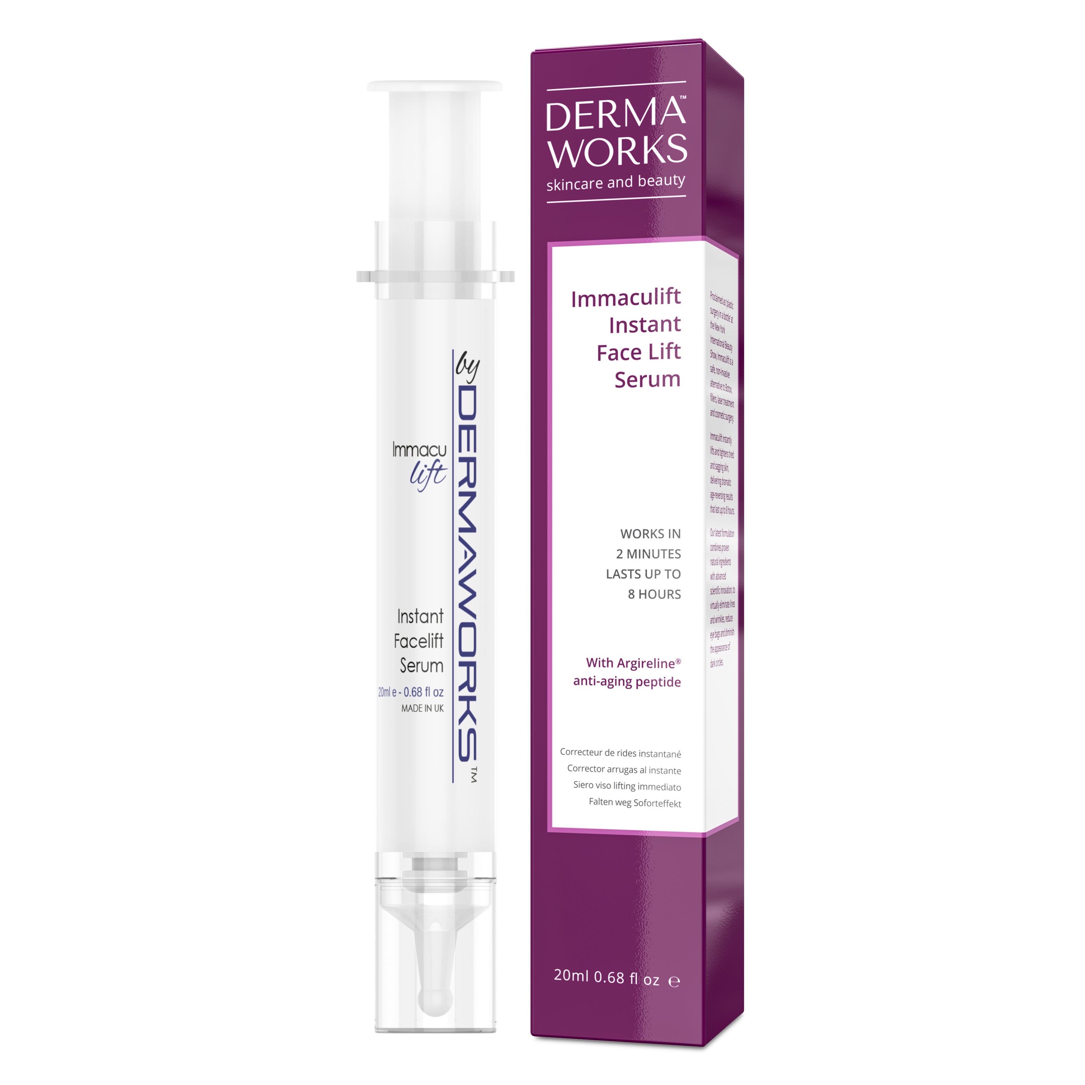 Dermaworks Immaculift eye lift serum is a non-surgical alternative to botox and fillers for tighter skin, a reduction in puffy eyes, eye bags and dark circles.