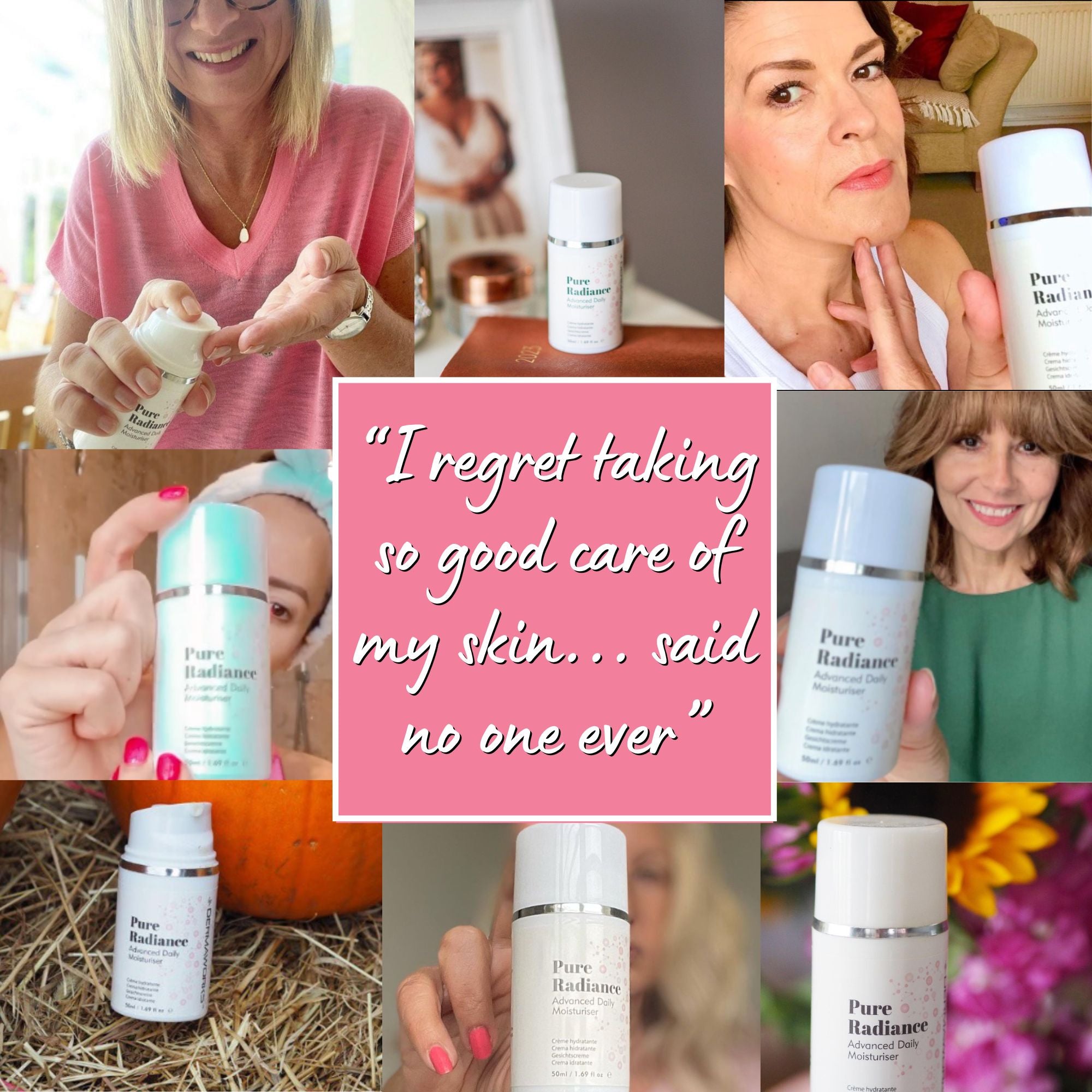 Customers using Dermaworks Pure Radiance daily moisturiser with hyaluronic acid, vitamin C and retinol for younger looking, radiant skin.