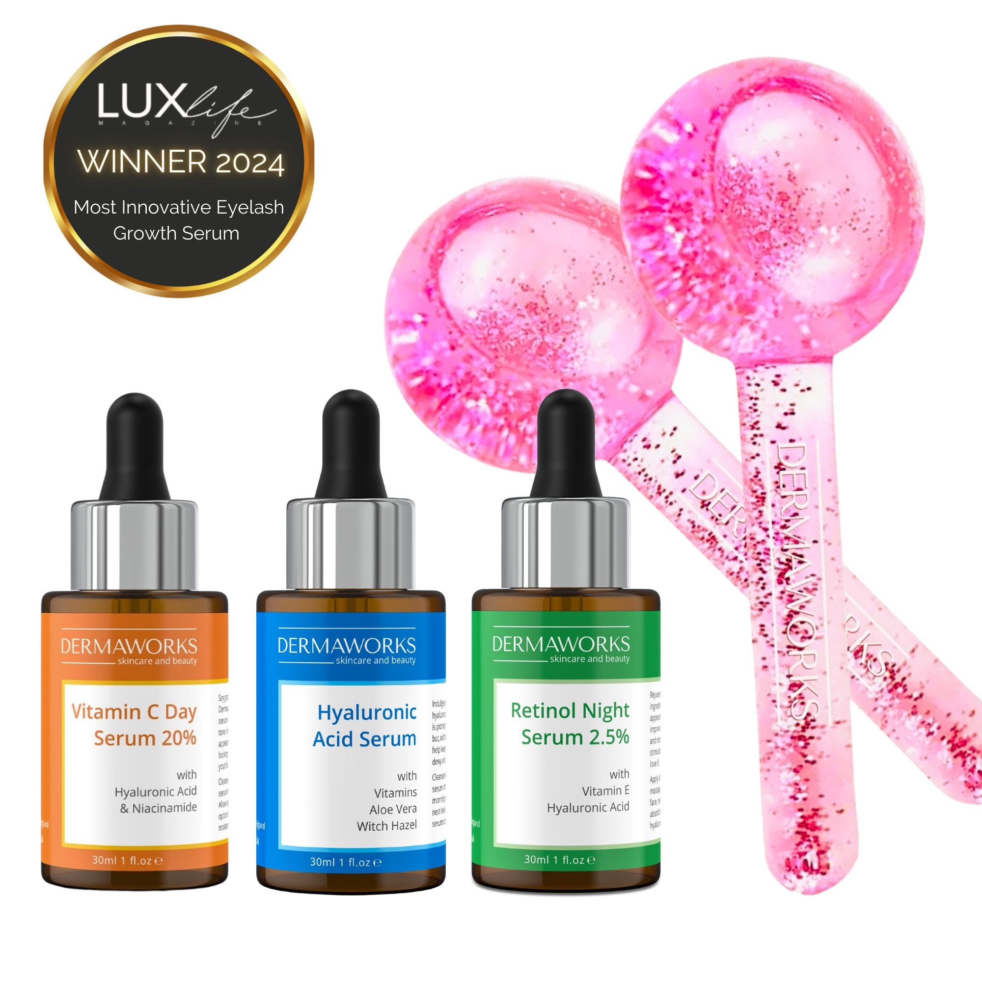 Dermaworks skincare and beauty gift set featuring ice globe cryotherapy tool, vitamin C serum, retinol night serum, and hyaluronic acid serum for face care.