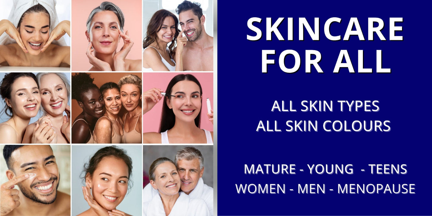 Collage of diverse people with text promoting skincare for all skin types and ages - skin colours including menopause skincare