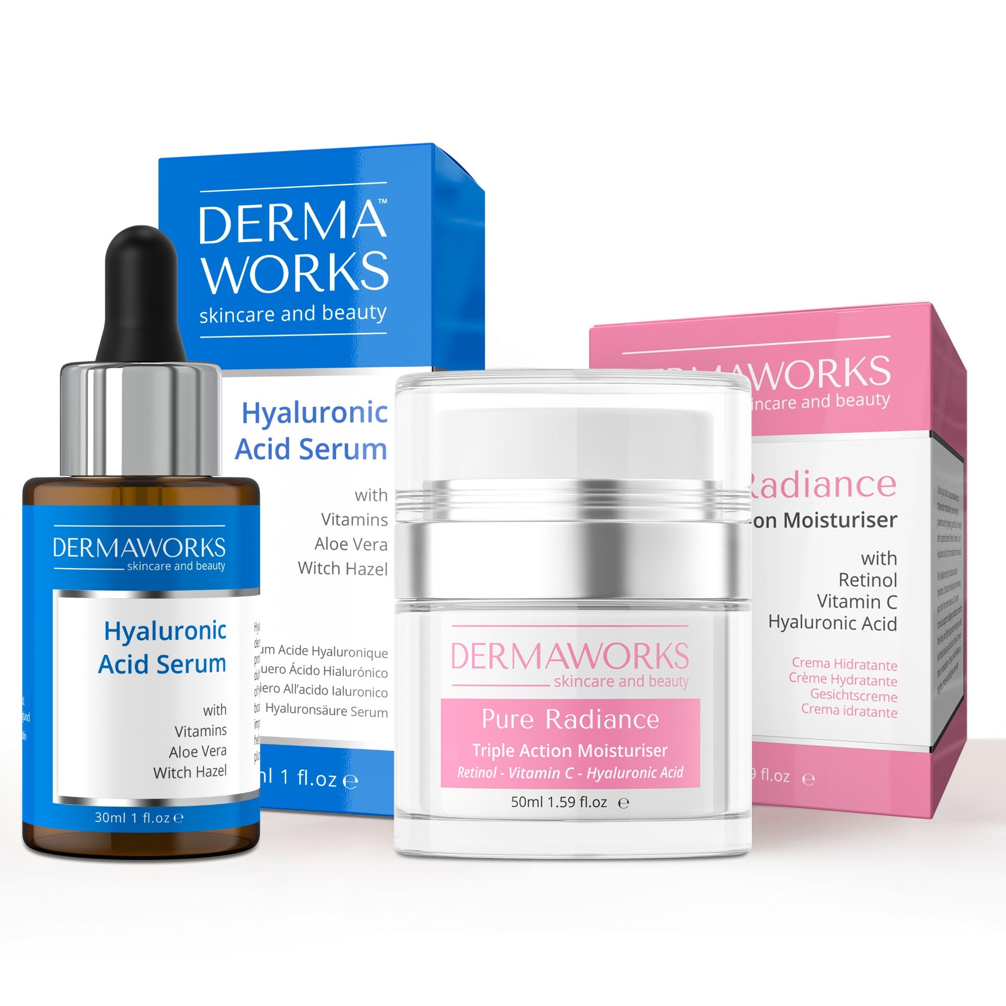 Hydrating skincare bundle for women featuring, Pure Radiance daily moisturiser face cream and hydrating hyaluronic acid serum with vitamin C & E.