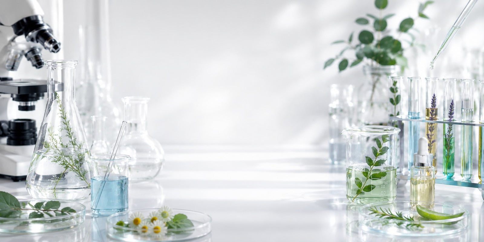 Botanicals and glassware in a skincare lab
