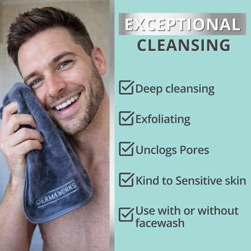 Man gently cleansing and exfoliating face with reusable face cloth