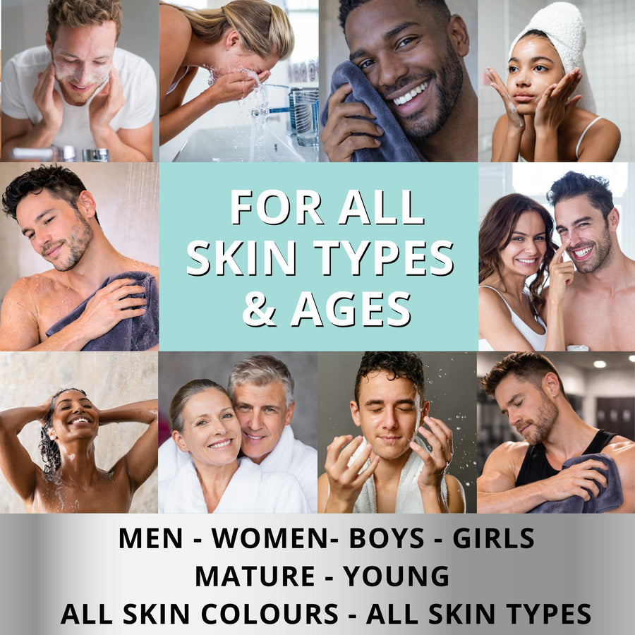Collage of people using skincare face cloths, body flannels, make up wipes with text 'For all skin types & ages' and 'Men, Women, Boys, Girls, Mature, Young, All skin colours, All skin types'.