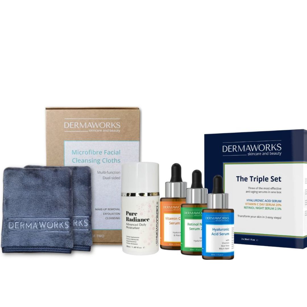 Subscribe and save with our skincare bundle for women; flannel face cloths, moisturising face cream and our three serum skincare set of retinol, vitamin C and hyaluronic acid.