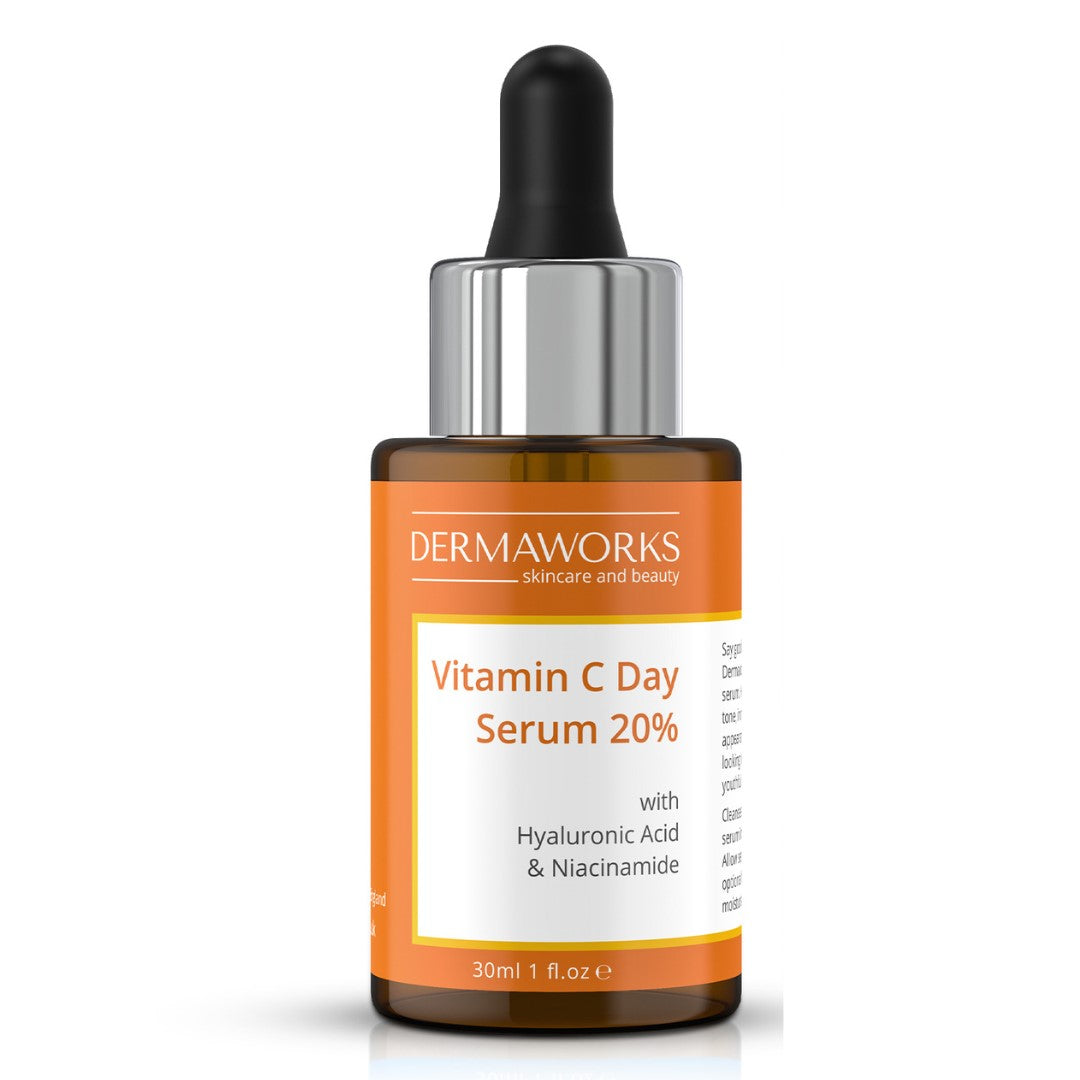 30ml bottle of Dermaworks skin brightening vitamin c serum for face with hyaluronic acid and niacinamide.