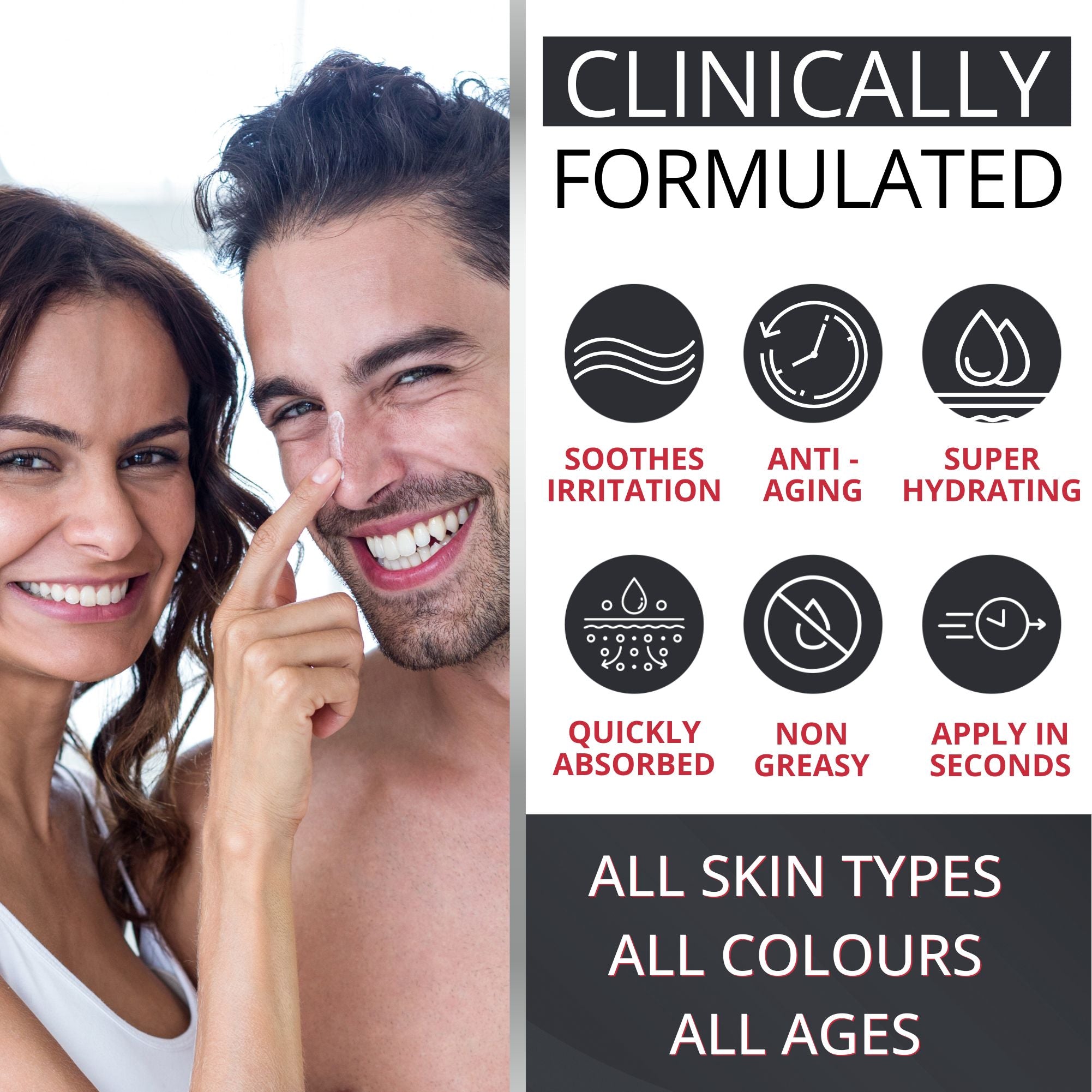 Dermaworks advanced daily moisturiser for men soothes after shave irritation and redness, is super-hydrating, non-greasy and quickly absorbed.