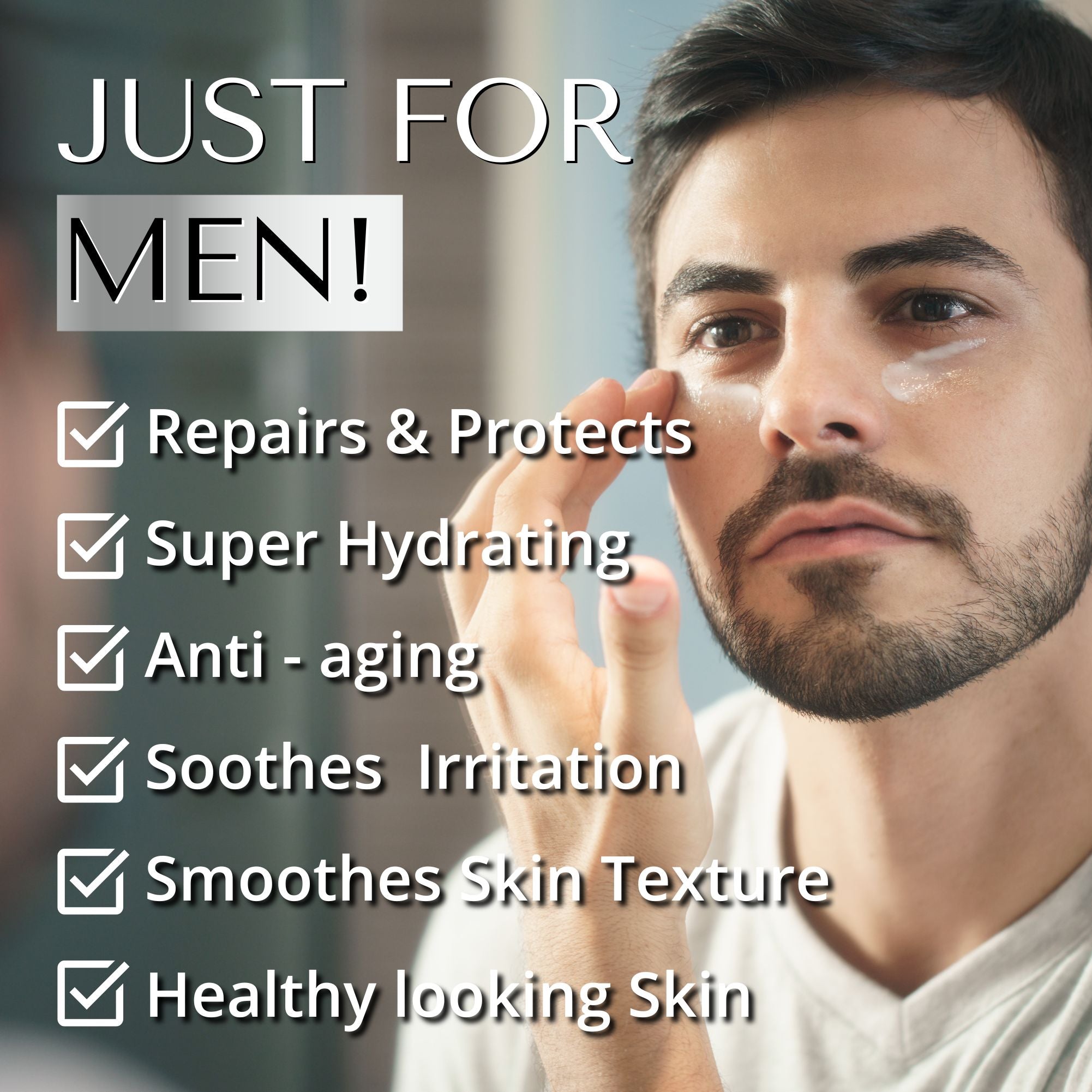 Dermaworks men's moisturiser / face cream repairs and protects, hydrates, soothes irritation and smooths skin texture for younger looking, healthy skin.