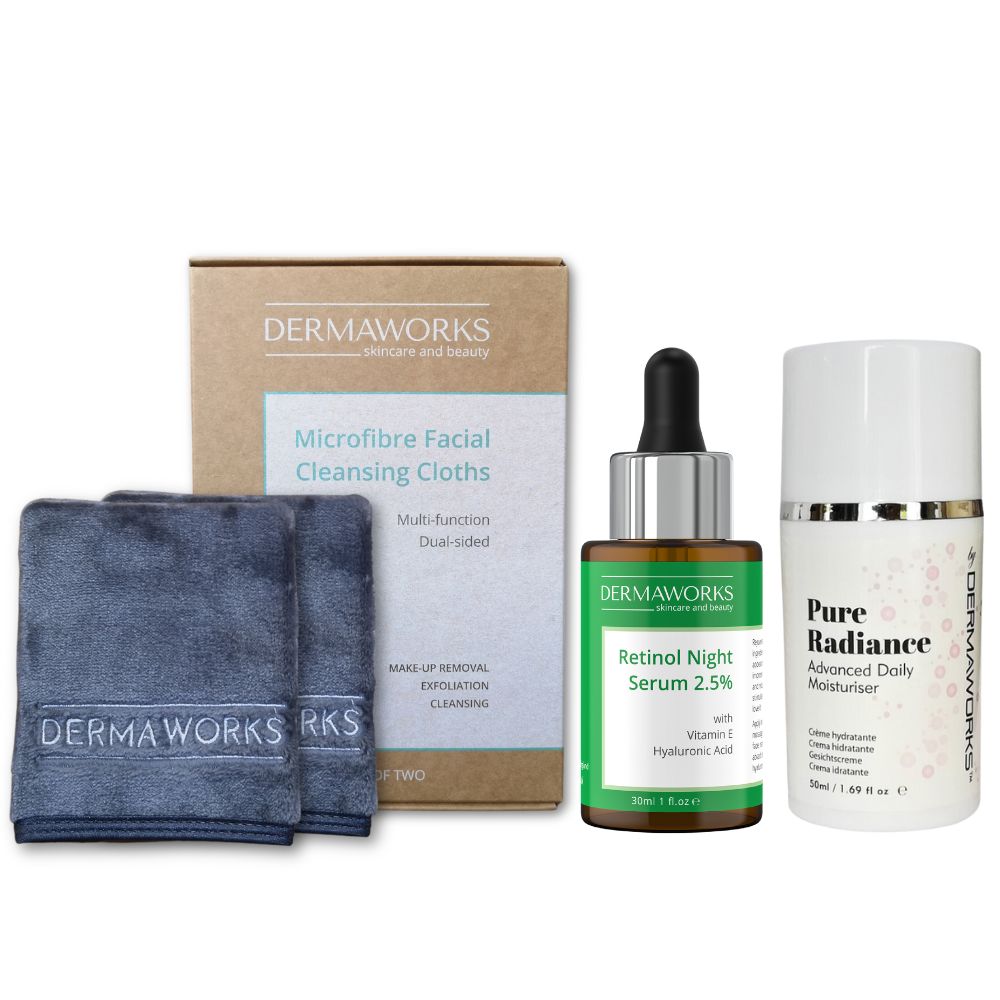Dermaworks anti aging skincare bundle for women features our make up remover face cloths, renewing retinol night serum and an advanced daily moisturiser.