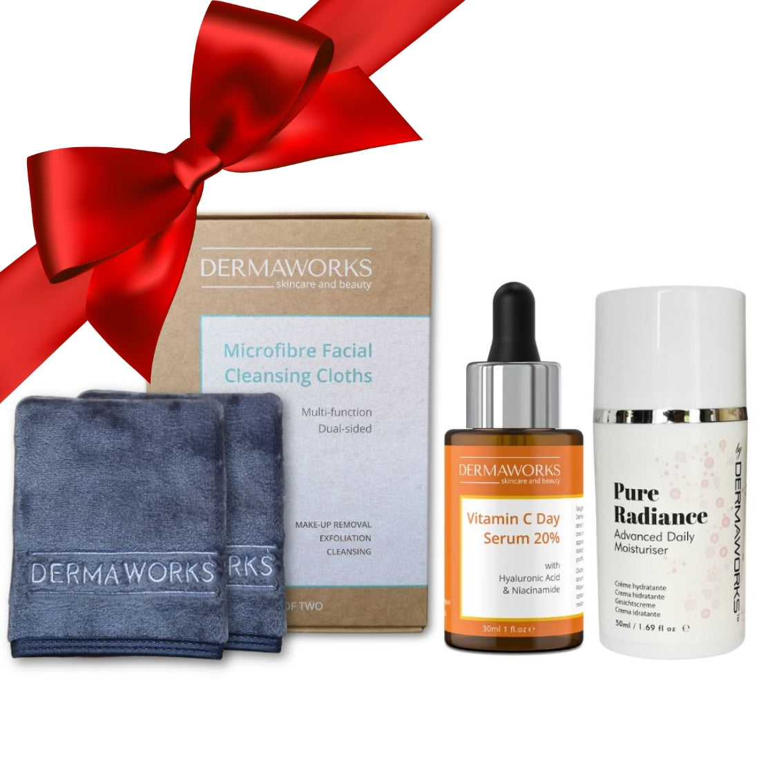 Dermaworks skincare brightening bundle for women; make up removal flannel face cloths, vitamin C serum with Hyaluronic acid and niacinamide, and Pure Radiance moisturising face cream.