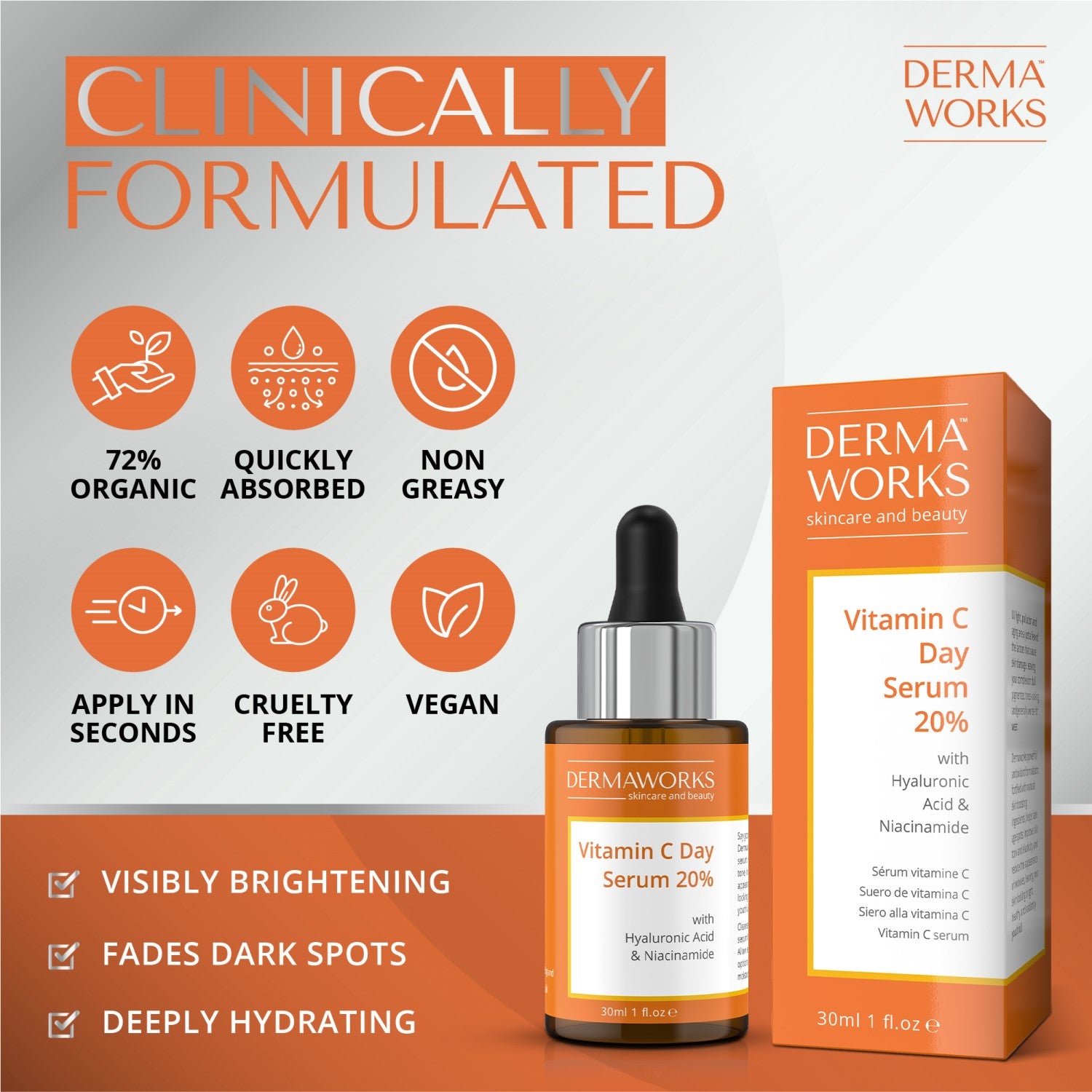 Dermaworks anti aging vitamin C serum for face and eyes is visibly brightening, helps fade dark spots and is deeply hydrating.