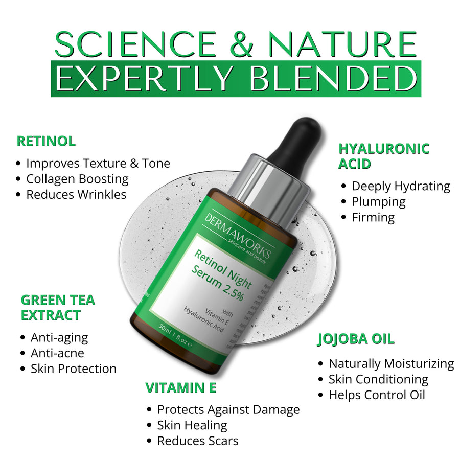 An expert blend of retinol, vitamin E, hyaluronic acid, jojoba oil and green tea extract; Dermaworks retinol night serum delivers potent skin boosting benefits.