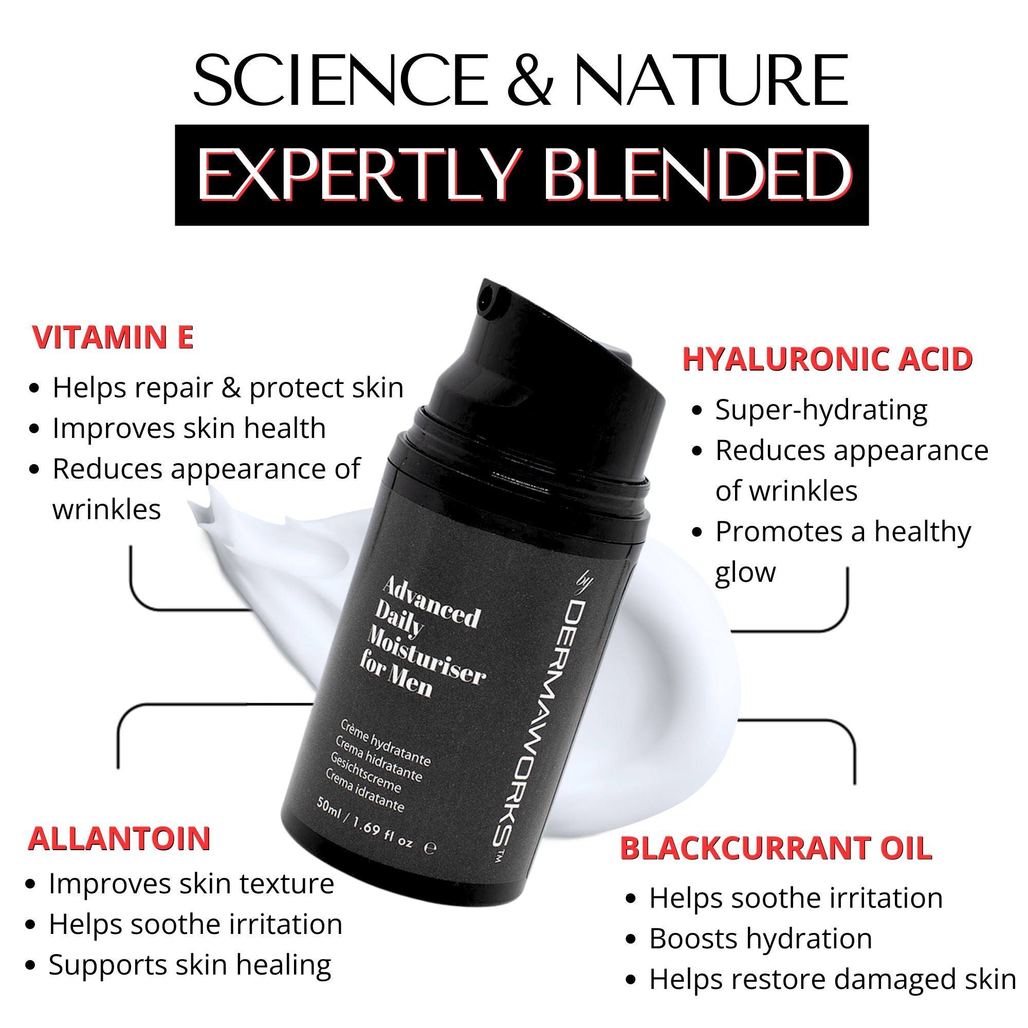 Dermaworks anti aging moisturiser / moisturising face cream for men features vitamin E, hyaluronic acid, blackcurrant oil and allantoin to support hydrated, healthy looking skin.