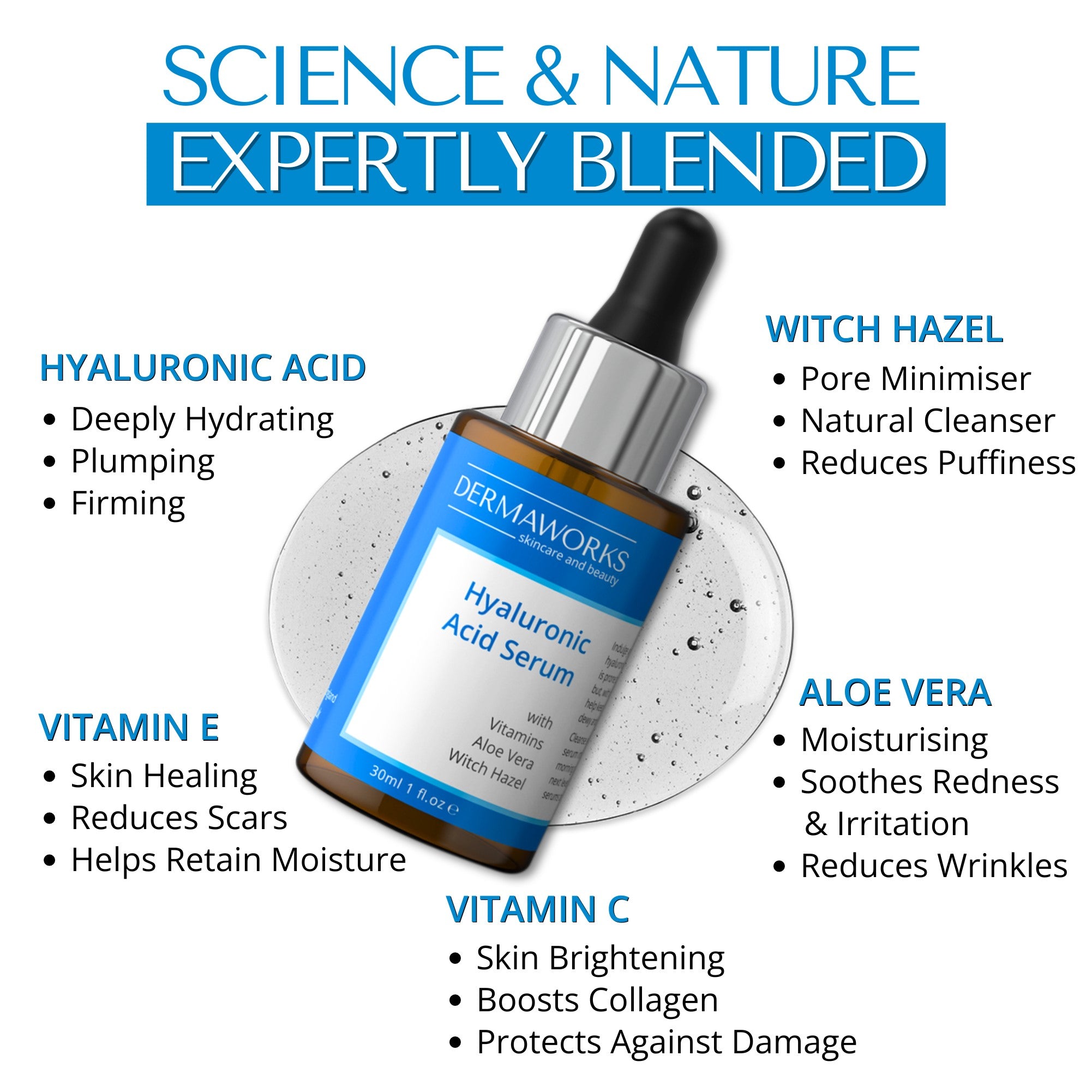 Hyaluronic acid with witch hazel, vitamin E, vitamin C and aloe vera for anti aging and anti wrinkle results.