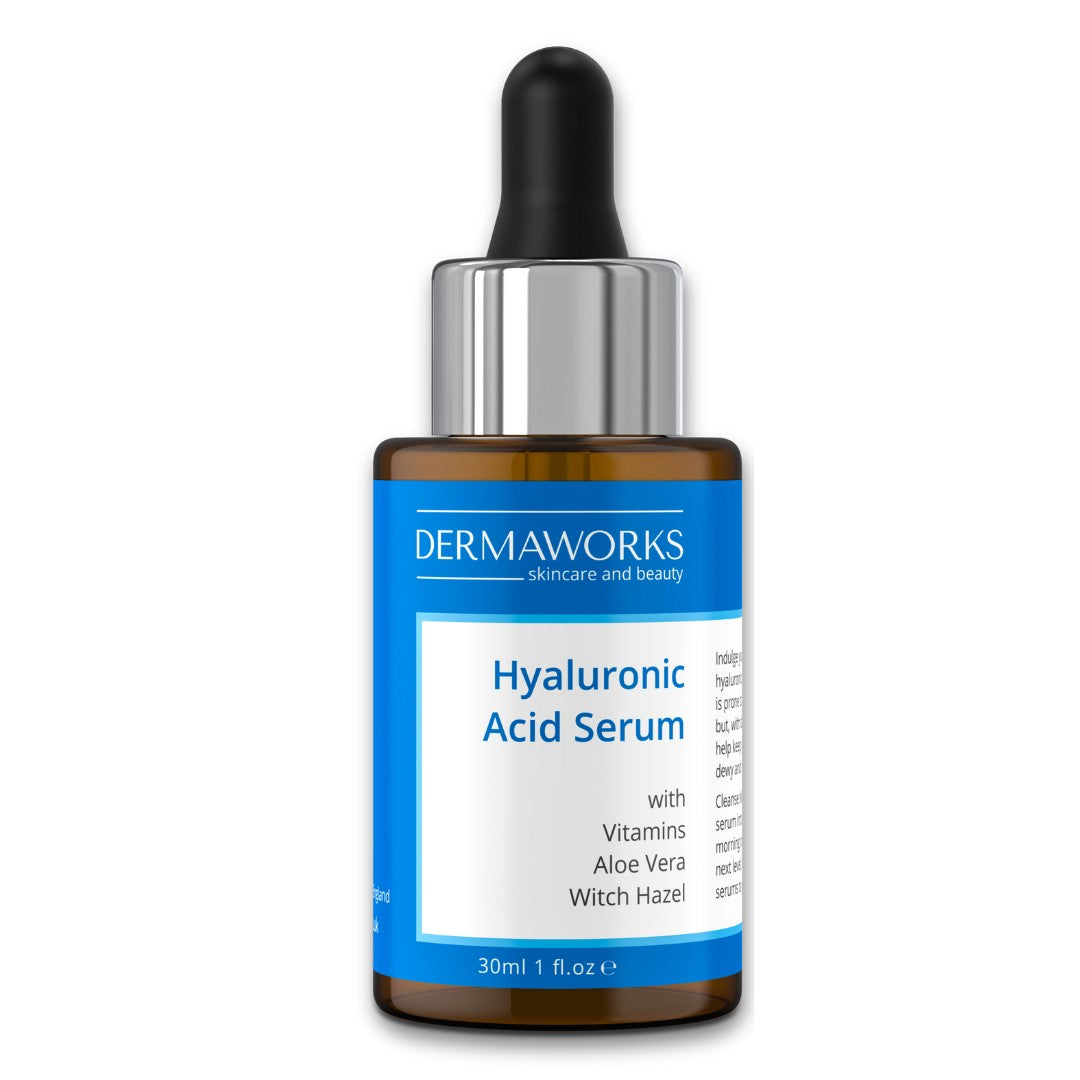 30ml bottle of Dermaworks hydrating serum - hyaluronic acid with aloe vera, witch hazel, vitamin C and vitamin E.