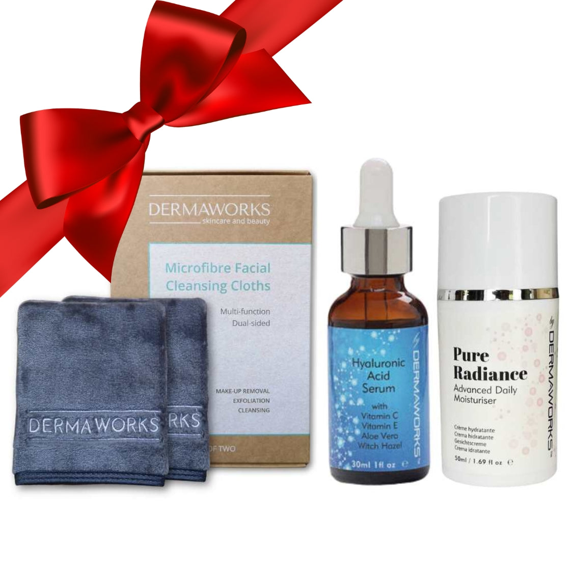 Dermaworks skincare and Beauty woman's gift set with flannel wash cloths, hydrating hyaluronic acid serum and face cream moisturiser.