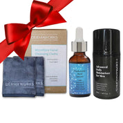 Dermaworks skincare for men hydrating bundle with flannel face cloths, hyaluronic acid serum and expert moisturiser.