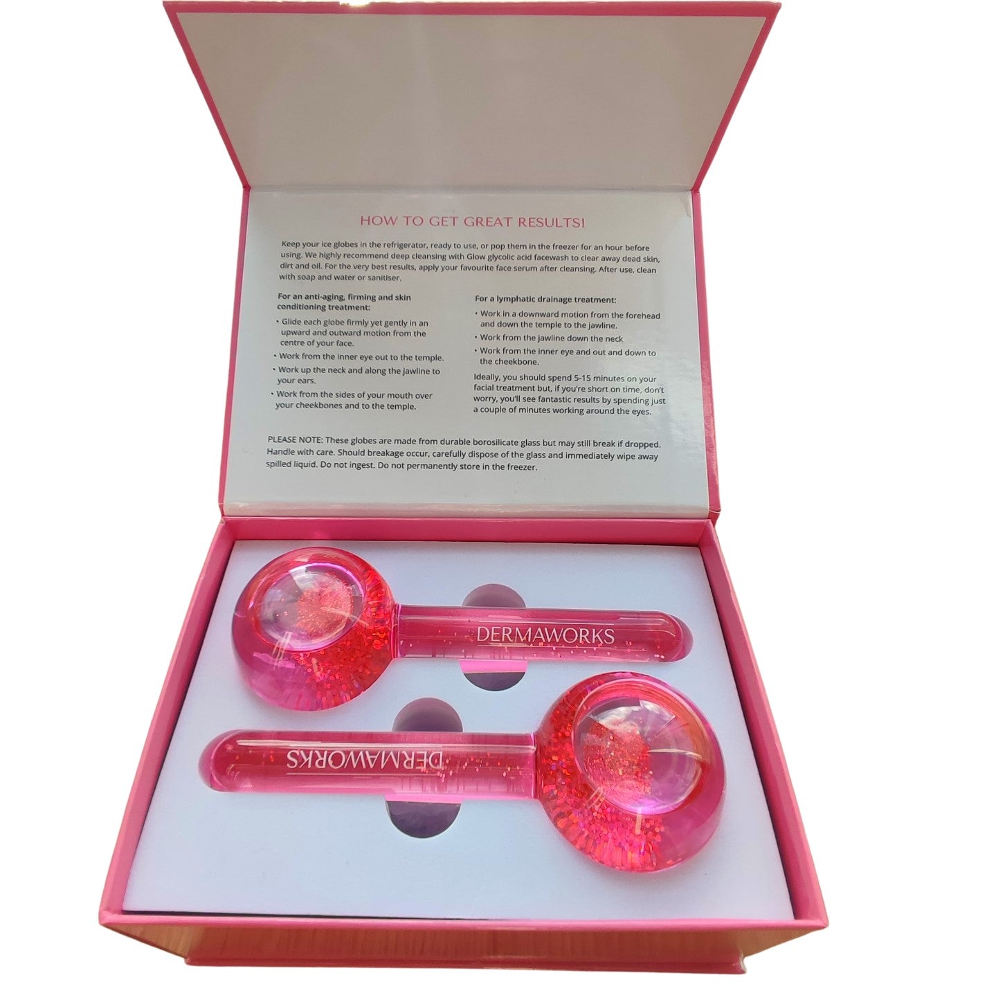 Dermaworks ice globes for face and eyes in presentation box. Ideal skincare beauty gift for women.