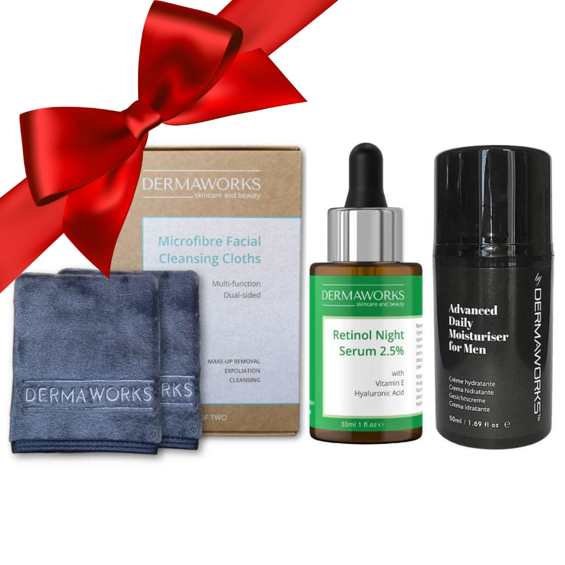 Dermaworks skincare gift set for men; flannel face cloths, retinol serum and expert face cream moisturiser 