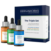 Dermaworks skincare for men gift set with brightening vitamin C serum, resurfacing retinol serum and hydrating hyaluronic acid serum.