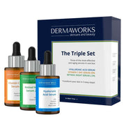 Dermworks triple serum set features; hyaluronic acid serum, vitamin C serum and retinol serum for bright, younger looking, even toned skin.