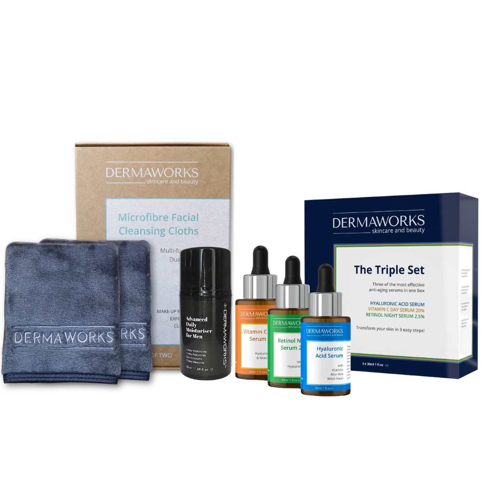 Men's expert skin care gift set featuring microfibre face wash cloths, a three serum set with vitamin C, retinol and hyaluronic acid, plus a moisturising face cream.