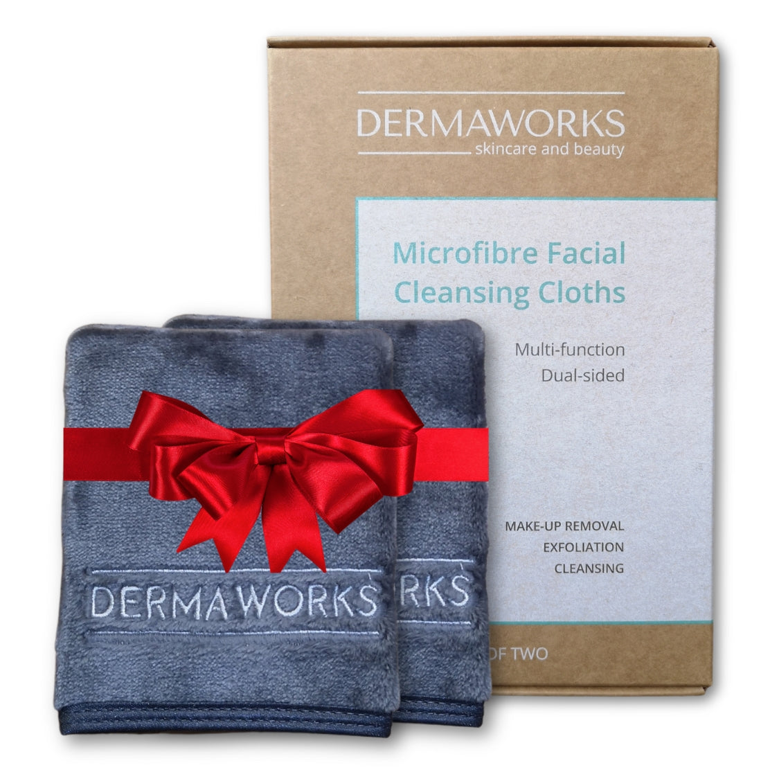 Dermaworks dual sided, double action cleansing and exfoliating face cloths. Remove even waterproof mascara using just water