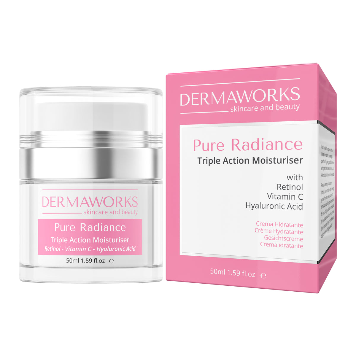 Dermaworks pure radiance advanced daily face cream moisturiser for women with hyaluronic acid, vitamin C, vitamin E and retinol.