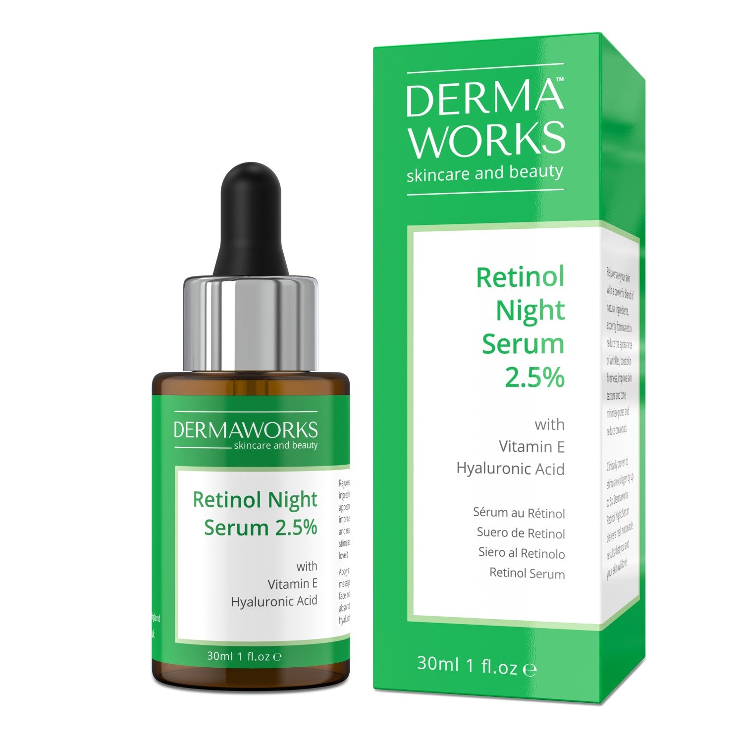 Dermaworks resurfacing retinol night serum for face with vitamin E, hyaluronic acid and jojoba oil, box and bottle 30ml