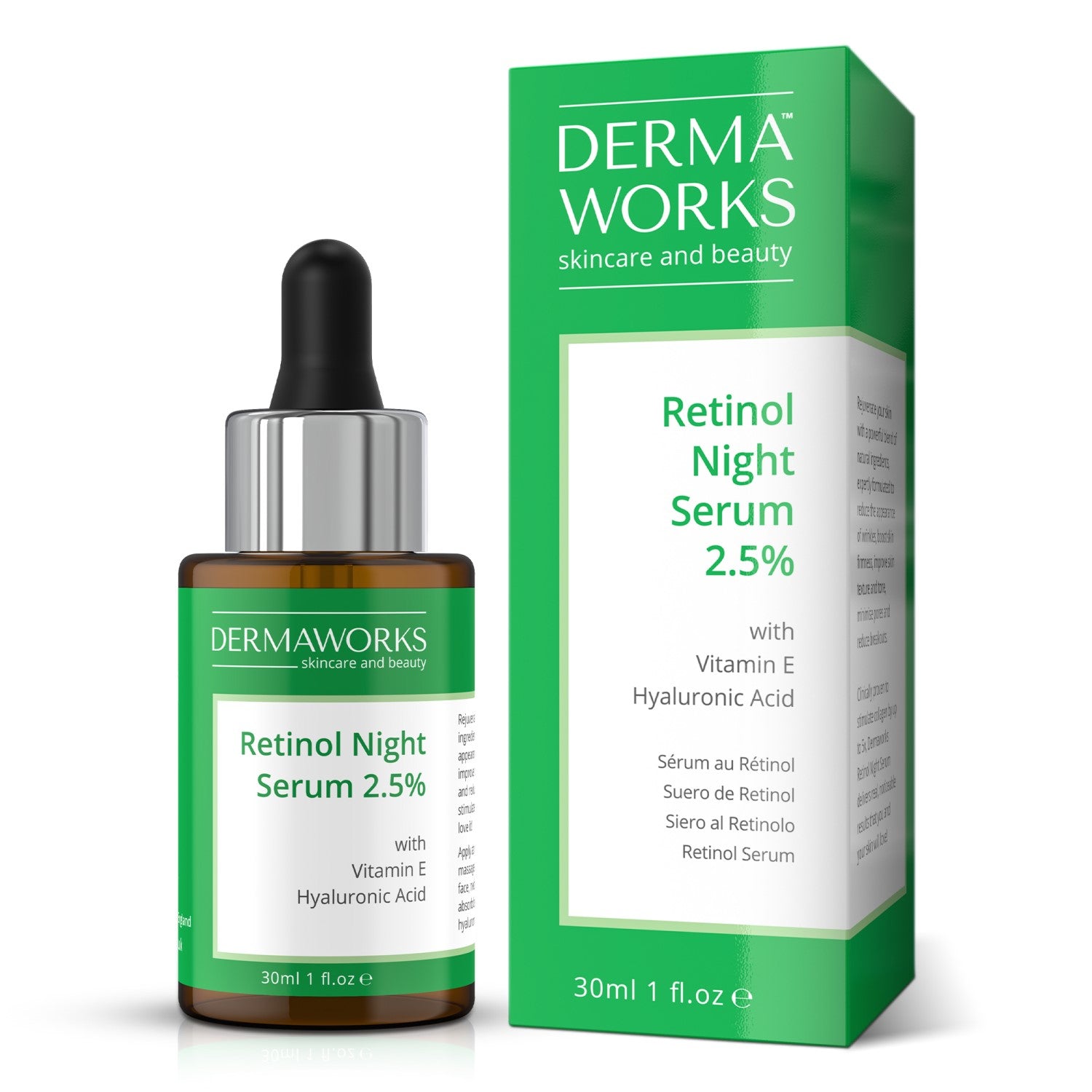 30ml bottle of Dermaworks resurfacing retinol serum with vitamin E, hyaluronic acid, jojoba oil and green tea extract.