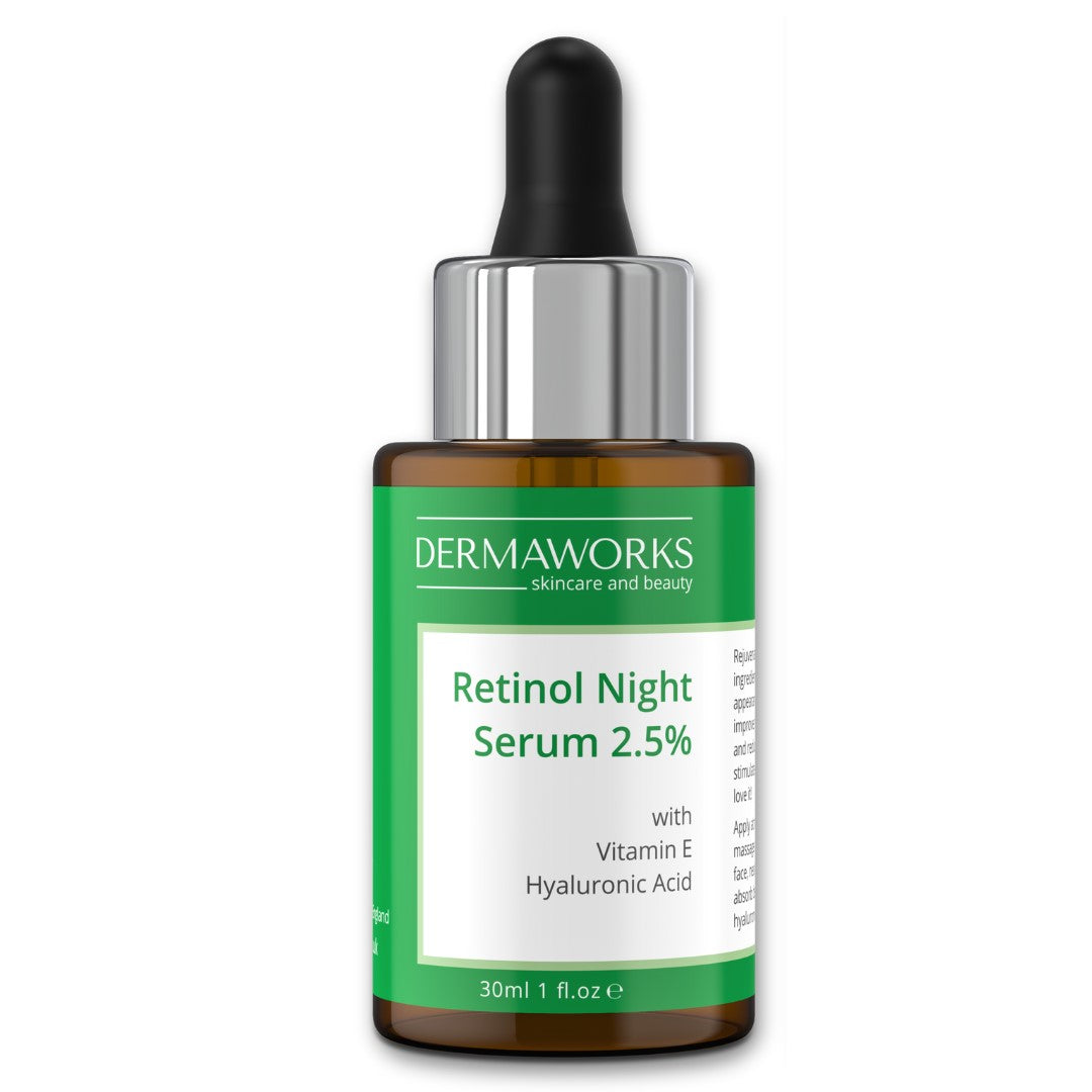 Dermaworks retinol night serum for face, with vitamin E, hyaluronic acid and jojoba oil.  Anti aging, collagen boosting, acne treatment skincare.