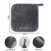 Dermaworks super-soft dual-sided microfibre flannel face cloth measures 28cm x 28cm and features a reinforced edge and a hook to hang dry.